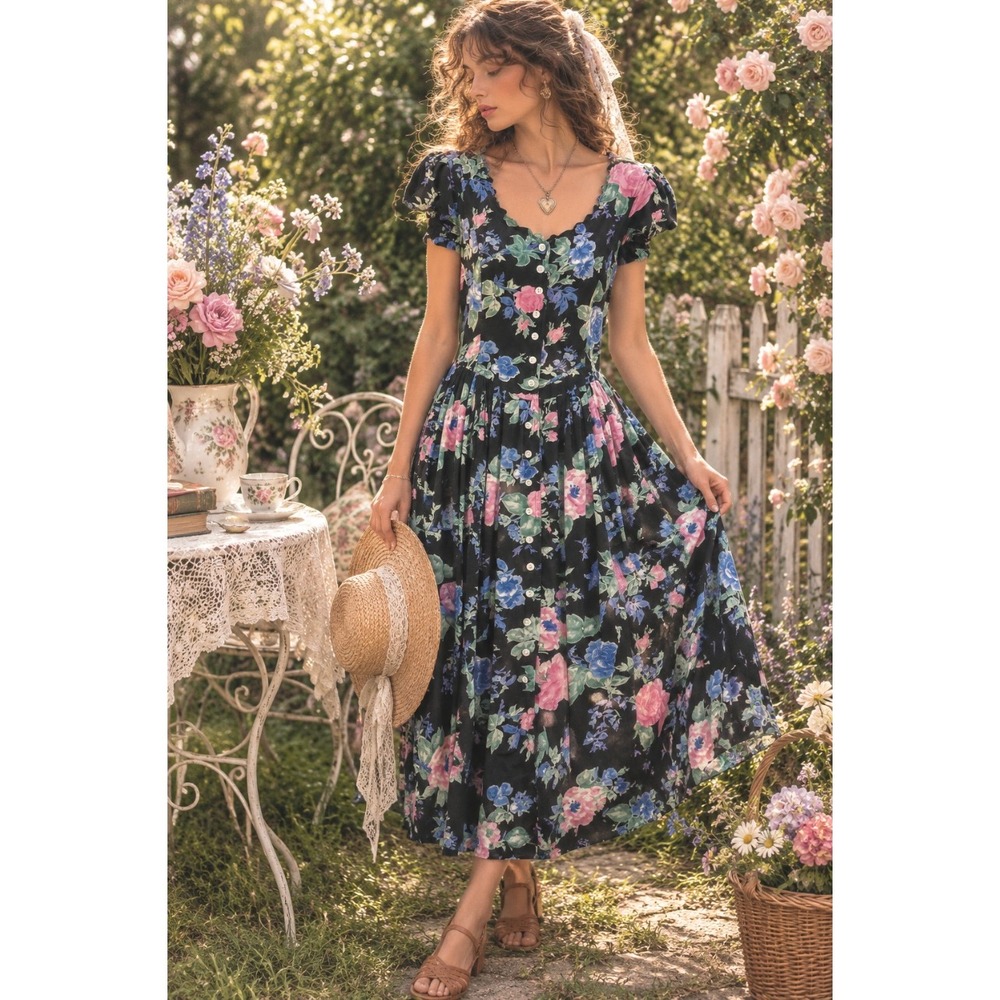 Vintage 80s Garden Party Floral Midi Dress Tie Waist Cottagecore Small 8 Tea